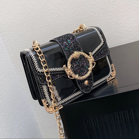 Graphite Chain Glitter Leather Shoulder Bag / Crossbody Bag (Black) - Picture 2 of 7